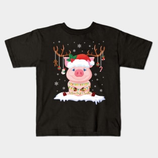 Pig Reindeer Santa Noel Costume Dancing On Snow Merry Xmas Kids T-Shirt